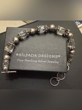 Silpada 925 Silver Bead Bracelet with Clear Crystal Bars